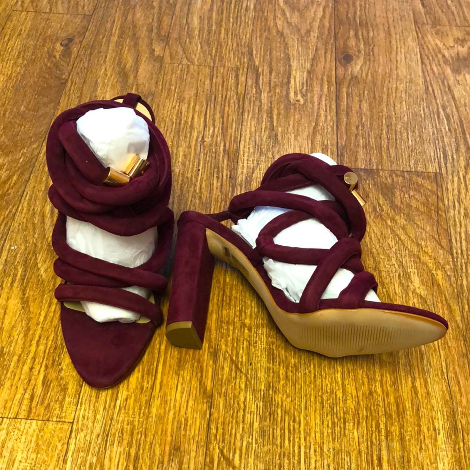 The Mode Collective Maroon Dakota Strappy Lace Up Suede Sandal Heels Size 38